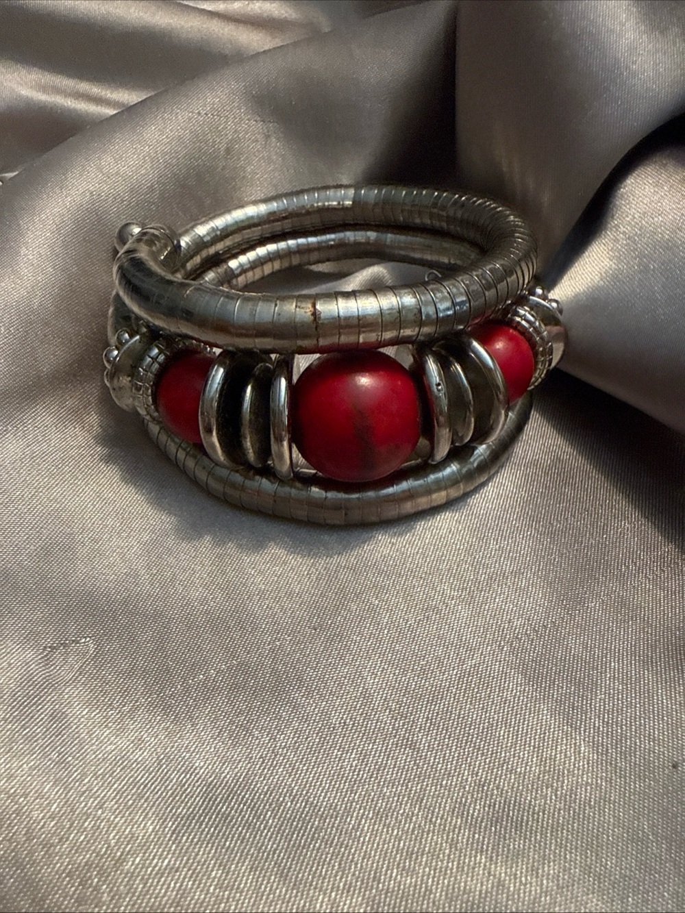 Silver tone Red Bead Coil wrap Bracelet - Unbranded